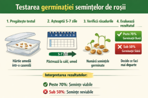 grafic explicativ despre testarea germinației semințelor de roșii pe hârtie umedă