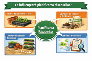 diagramă cu factorii care influențează planificarea răsadurilor: recipiente, substrat, spațiu de creștere și monitorizare