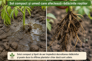 Sol compact și umed care afectează rădăcinile roșiilor