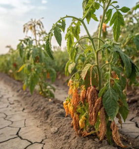 Plante de roșii după transplantarea în sol greu și compactat